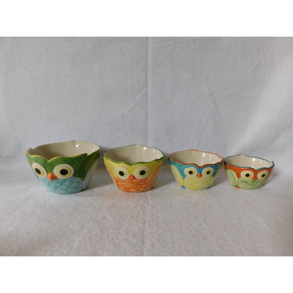 Pier One 1 Imports 4 Piece Owl Nesting Measuring Cup Bowl Set CERAMIC